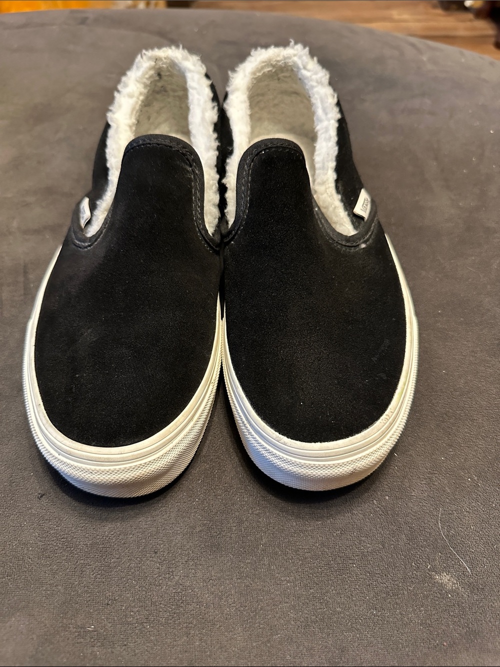 Vans Black Slip-On Sneakers with White Faux Fur Trim